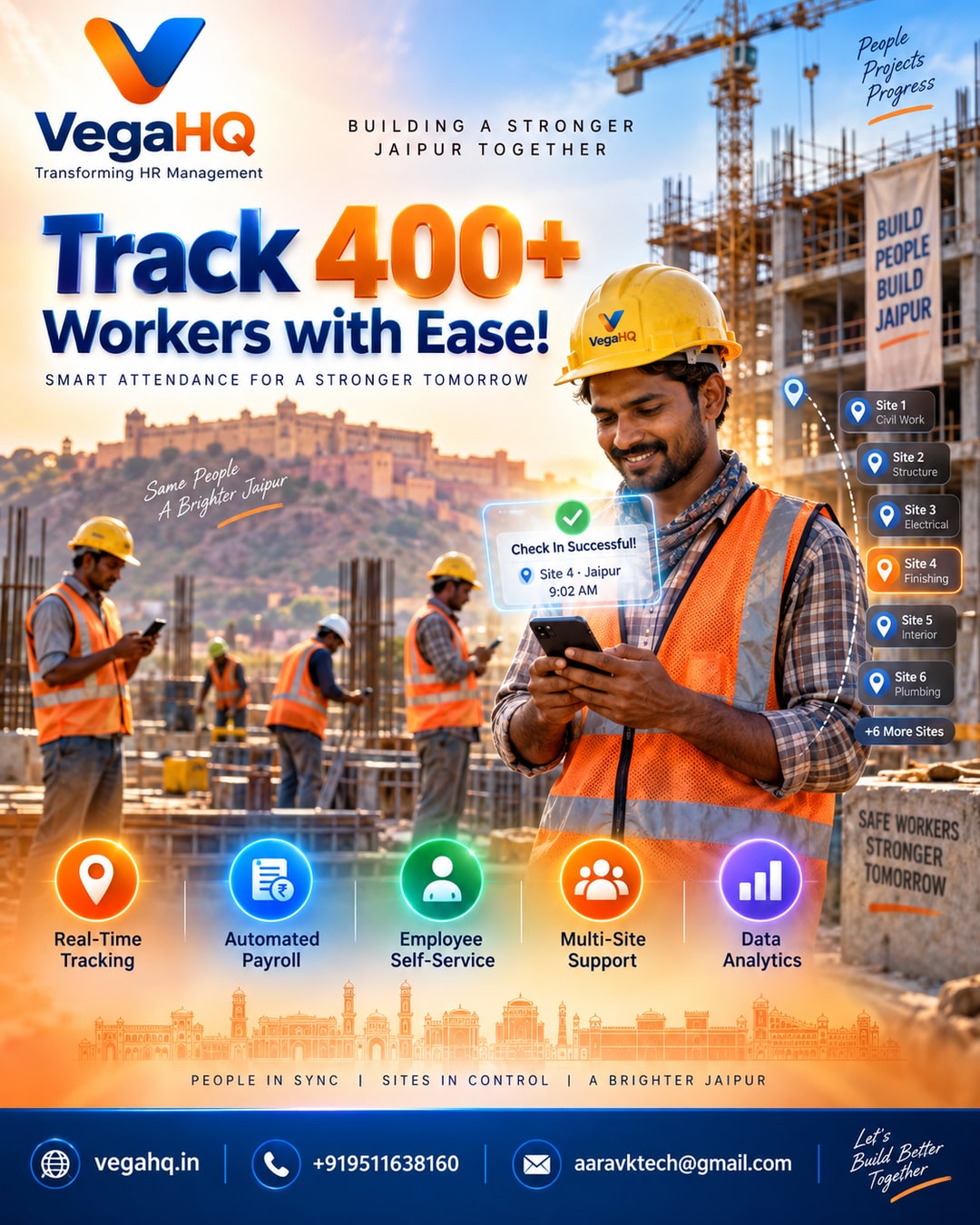 How a Jaipur construction company tracks 400+ workers across 12 scattered sites with VegaHQ GPS attendance