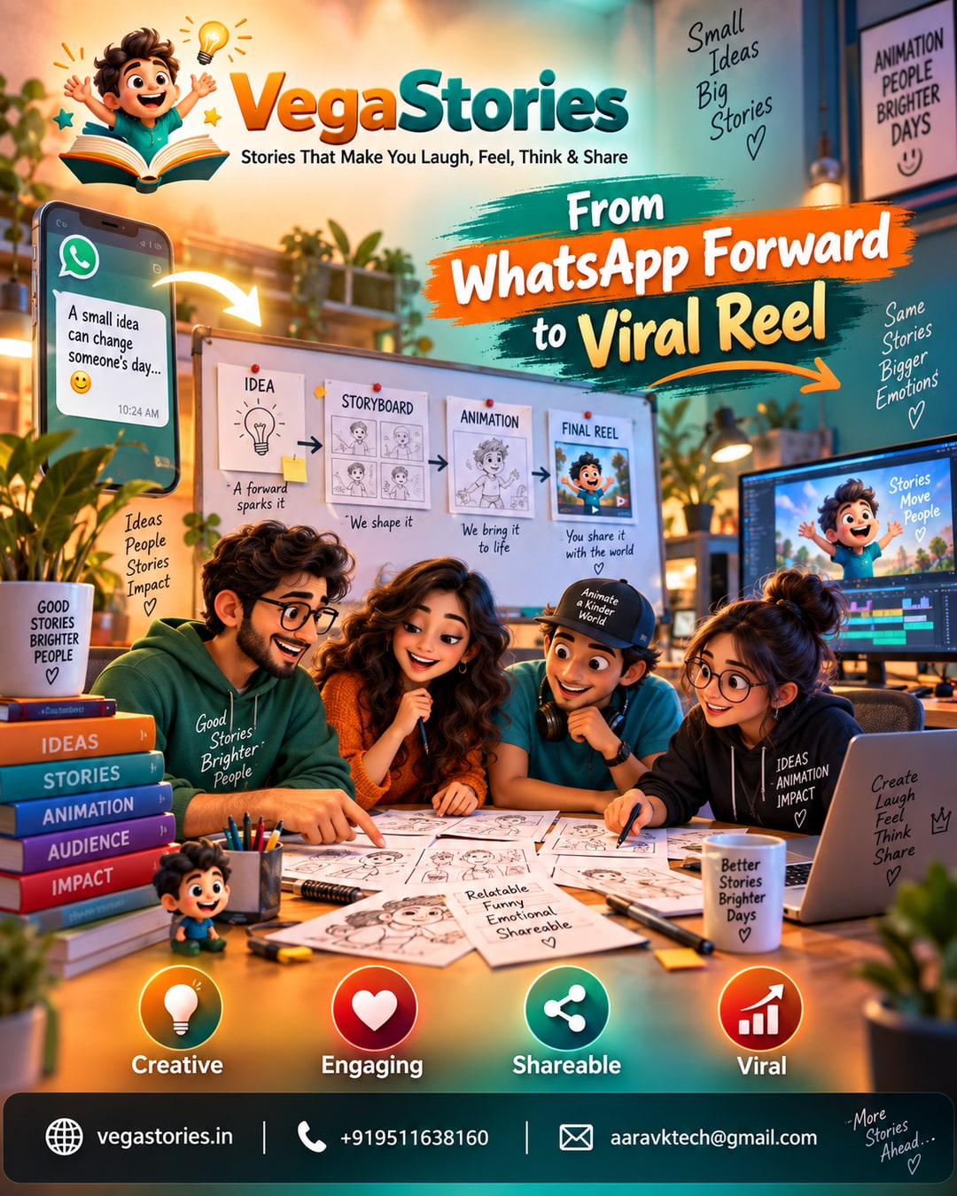 Inside the VegaStories Story Room: what actually happens between a WhatsApp forward idea and a finished animated reel