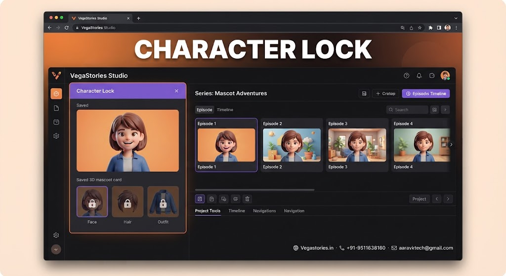 VegaStories Character Lock — the hidden feature that keeps your mascot's face, hair and outfit identical in every single episode