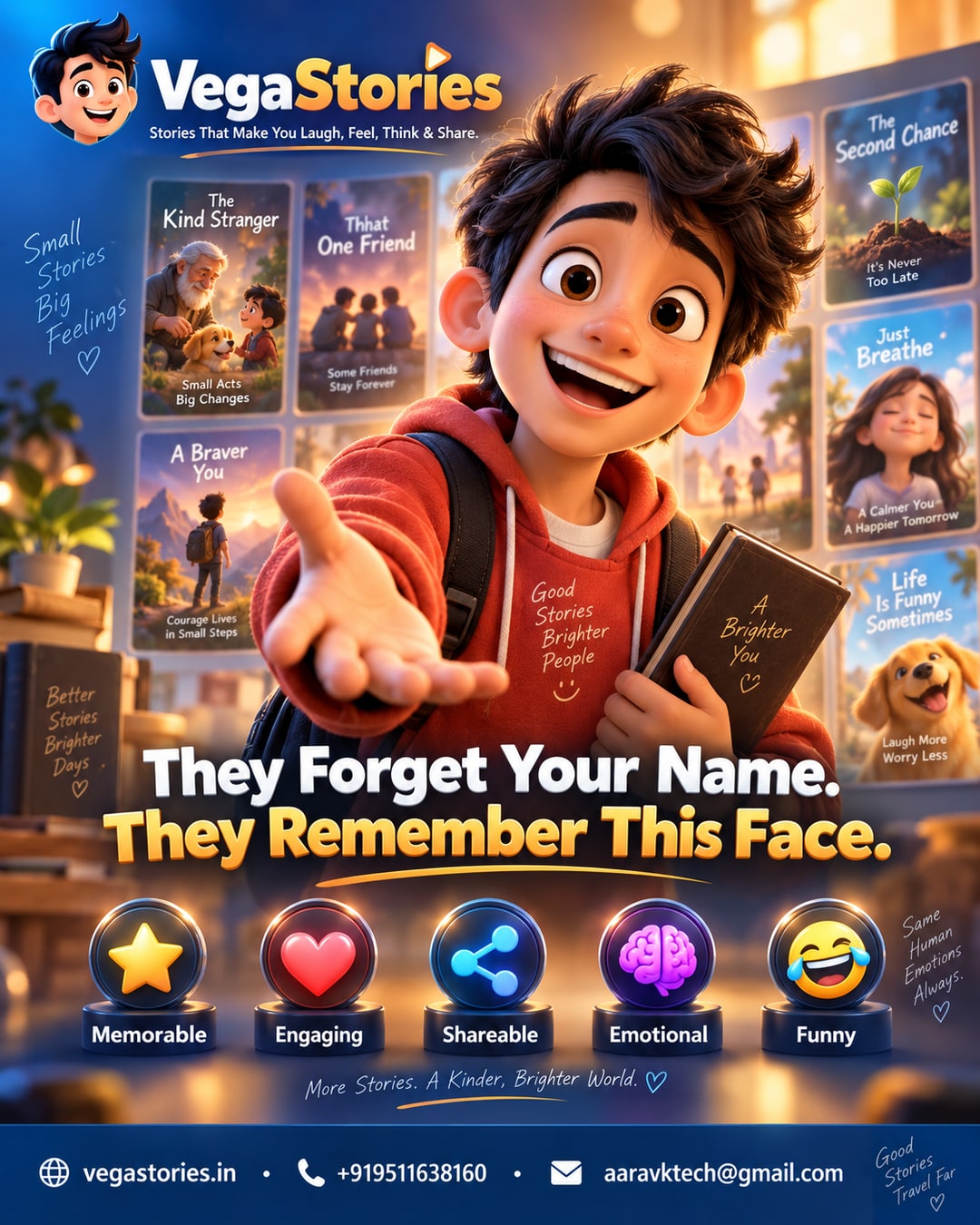 The 90% Forgettory Problem: viewers forget your business name in a day but remember a cartoon character's face for weeks - the recall statistic VegaStories built its whole format around