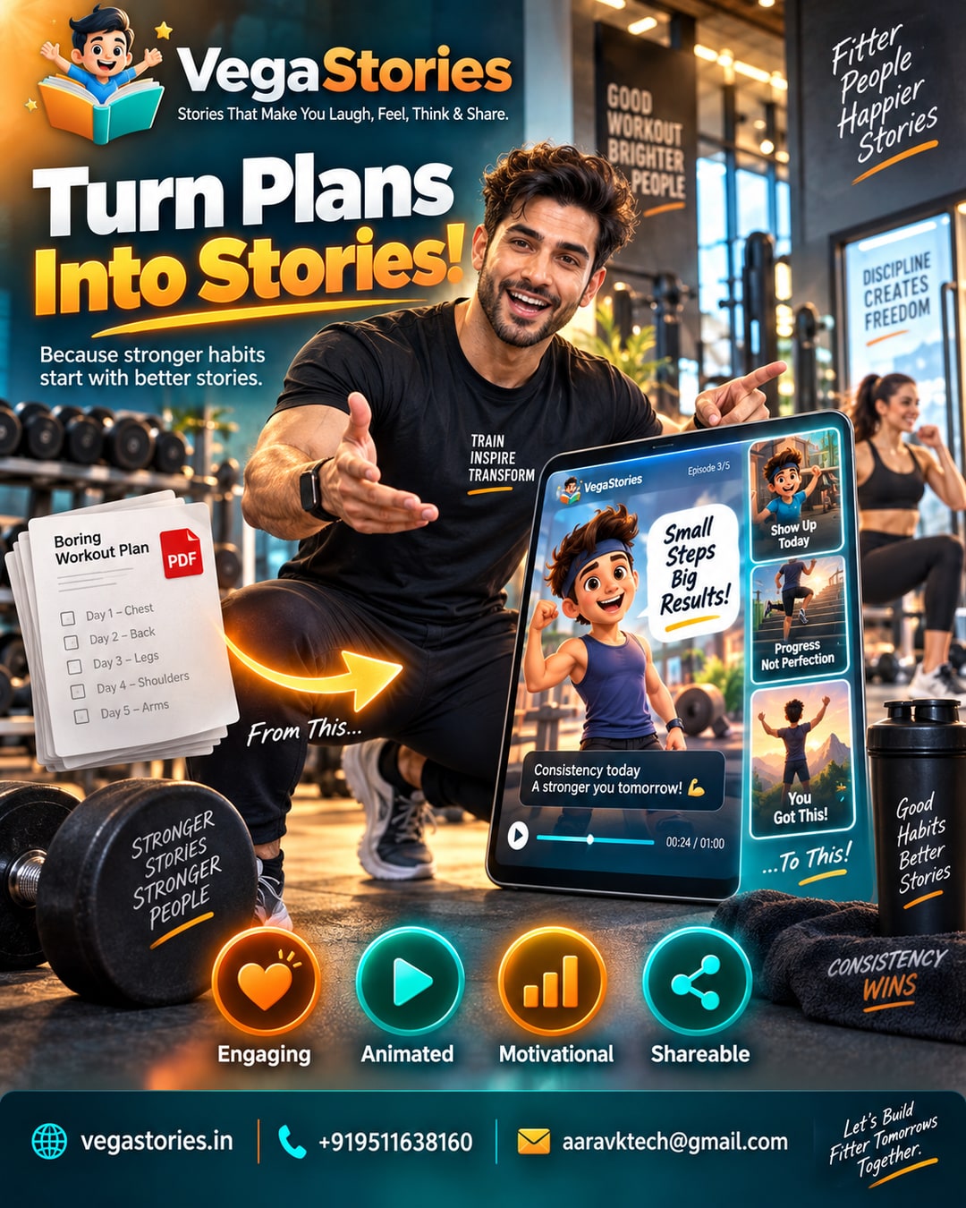 VegaStories for Gym & Fitness Trainers: turning boring workout-plan PDFs into animated motivation stories that keep clients from quitting