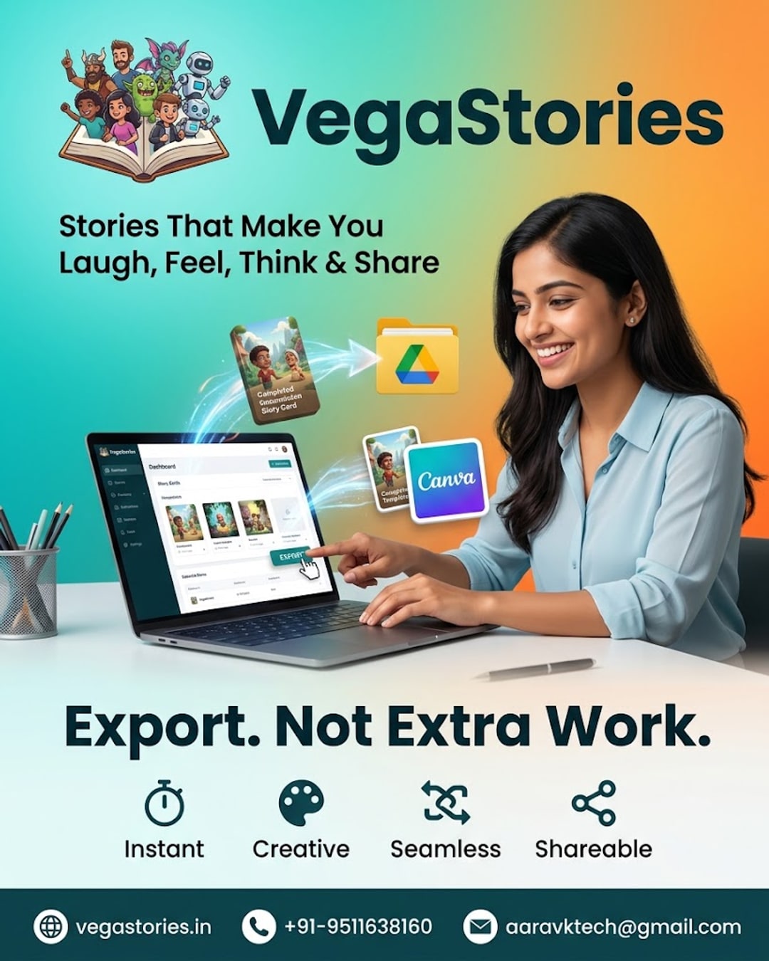 VegaStories Auto-Export to Google Drive and Canva — your animated story lands straight inside the exact folder and template you already post from
