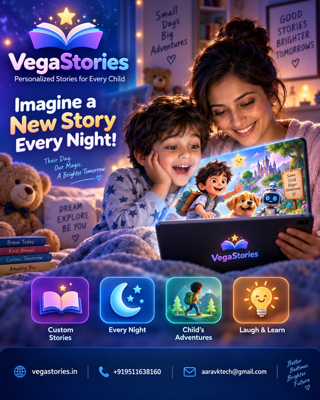 Vegastories Vision 2035: What if every child's bedtime story was created fresh every night from their own day - not a book, but a personalised animated short starring them?