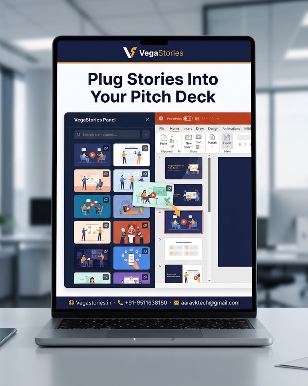 VegaStories PPT and Canva Pitch-Deck Integration: drop ready animated story scenes straight into your sales and investor slides