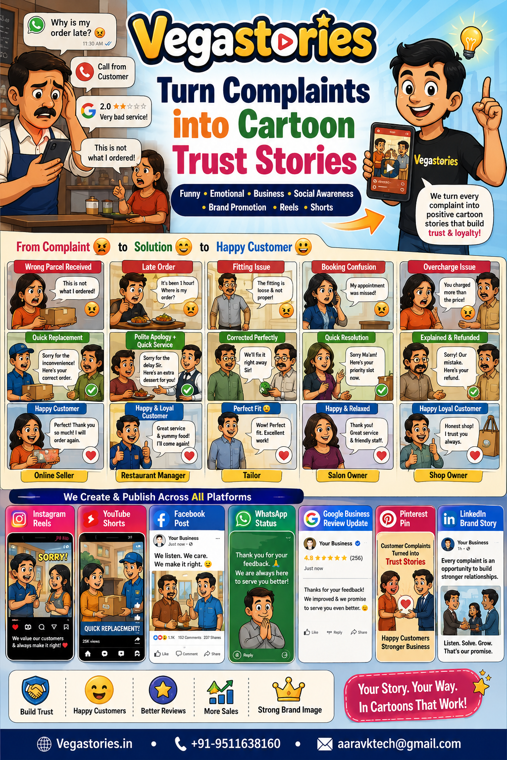 Customer Complaint Story Reels: turn angry customer moments into positive cartoon brand stories