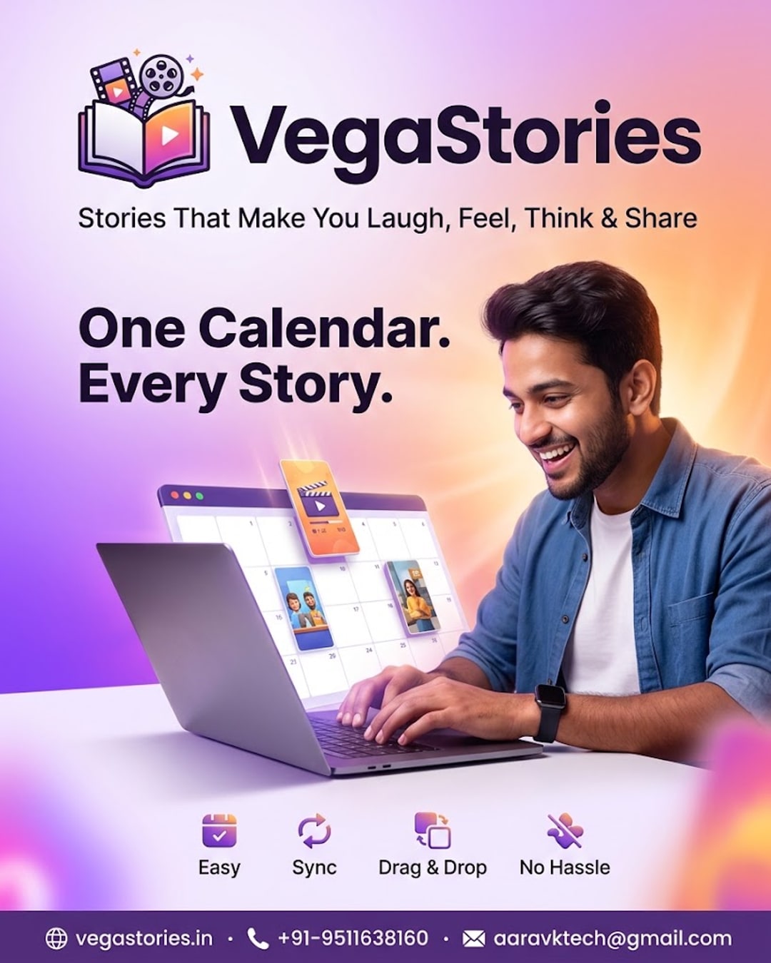 VegaStories Scheduler Sync — animated story episodes drop straight into the social media calendar tool you already use, no new dashboard to learn