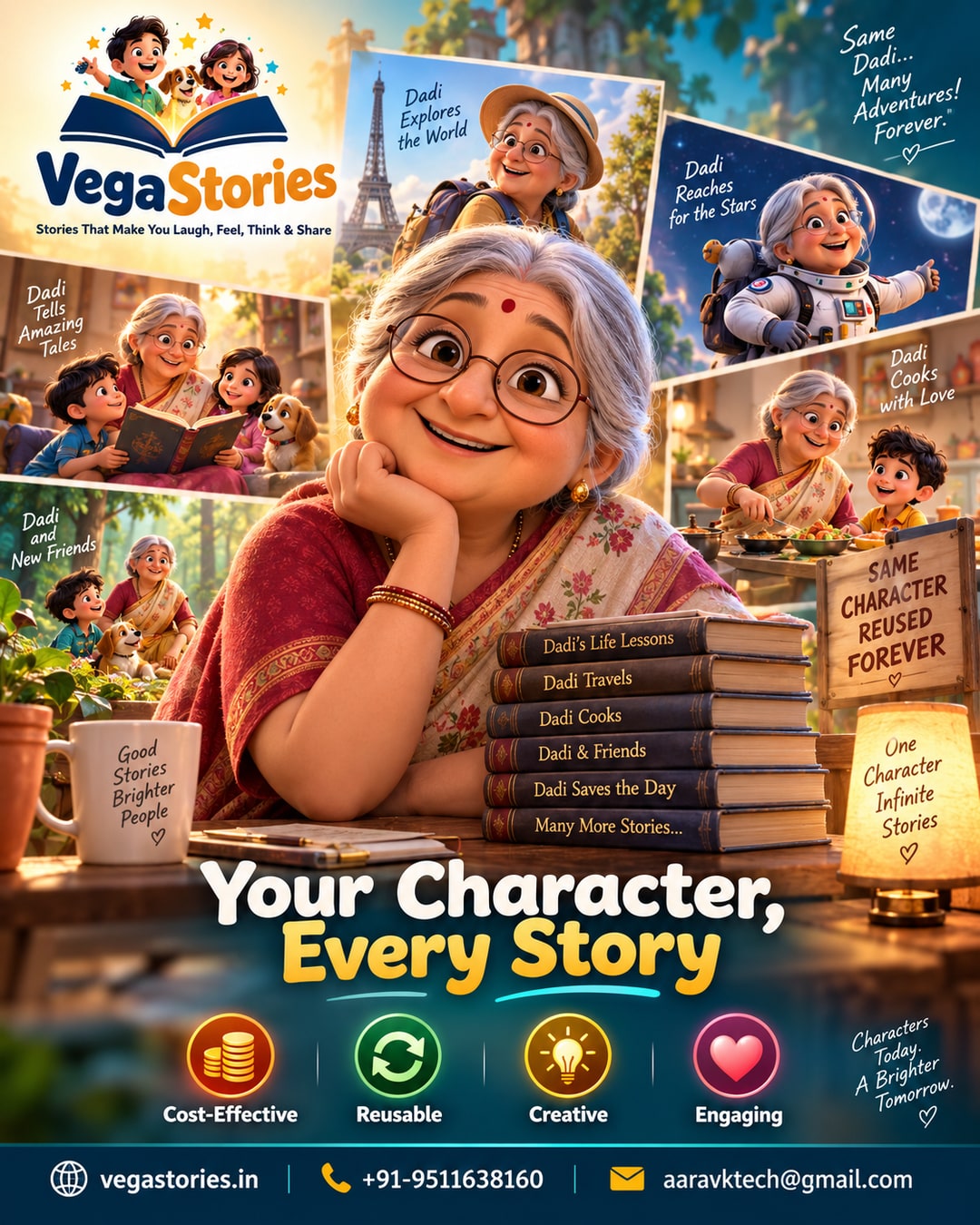 The VegaStories Character Vault: your character is created once and reused forever across future stories - free