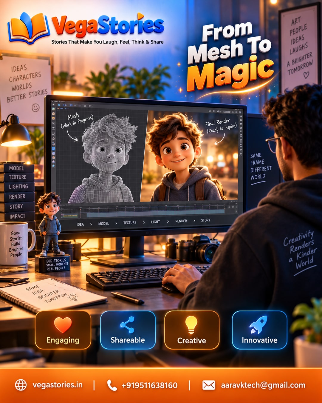 Wireframe to Viral: Inside VegaStories' 3D Render Room - How One Frame Goes From Grey Mesh to Cinematic Poster