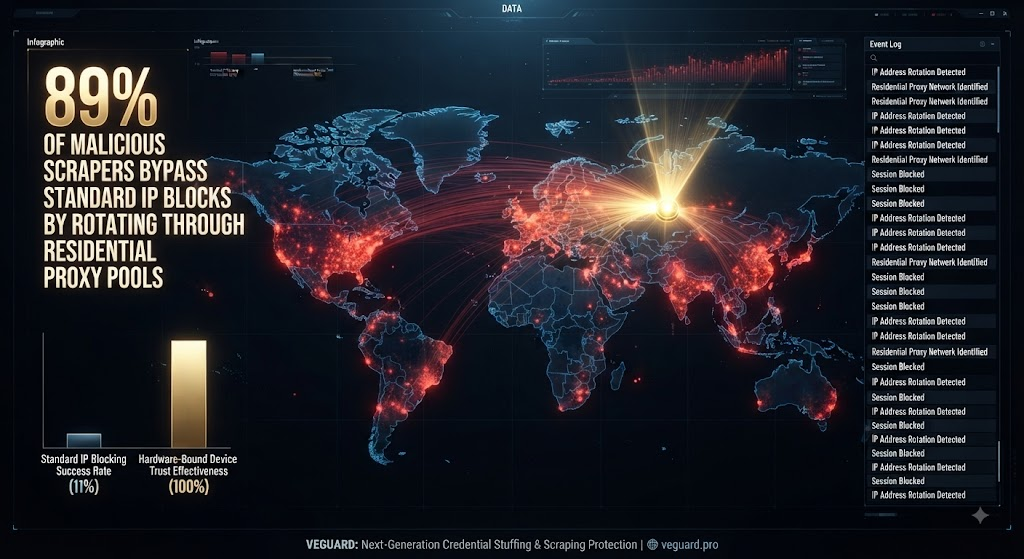 89 percent of malicious scrapers bypass standard IP blocks by rotating through residential proxy pools