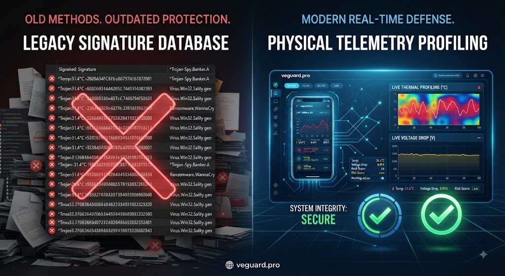 the legacy signature database approach vs veguard.pro’s physical battery thermal and voltage drop telemetry profiling
