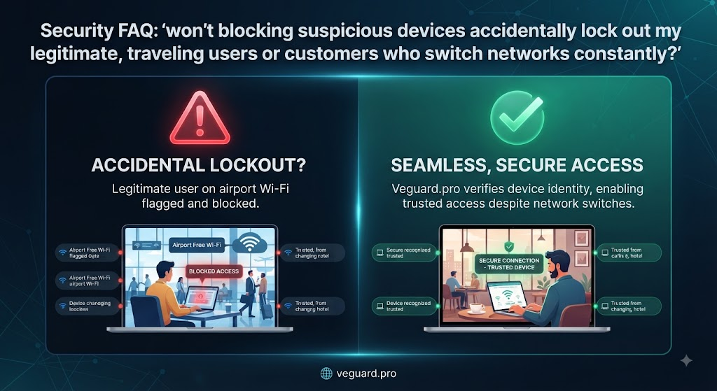 faq: 'won’t blocking suspicious devices accidentally lock out my legitimate, traveling users or customers who switch networks constantly?'