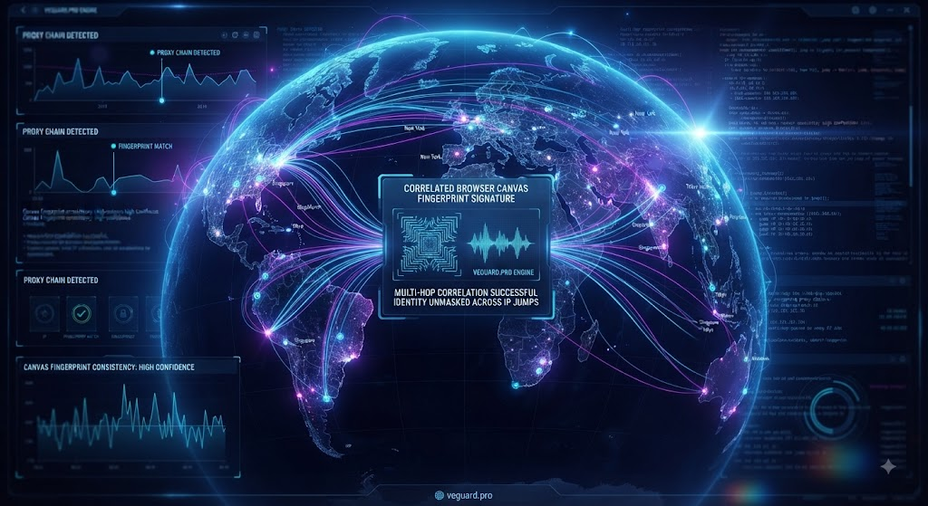 De-anonymizing proxy chains: how veguard.pro correlates multi-hop browser canvas fingerprints across sudden IP jumps