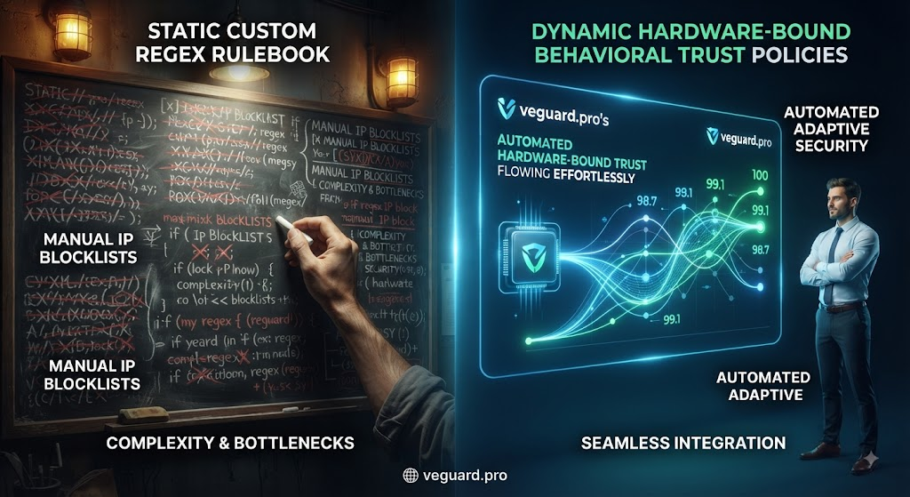 the static custom regex rulebook vs. veguard.pro’s dynamic hardware-bound behavioral trust policies