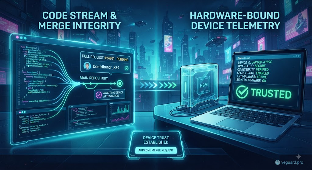 protecting open-source software supply chains by verifying contributor device integrity before code merge requests are approved