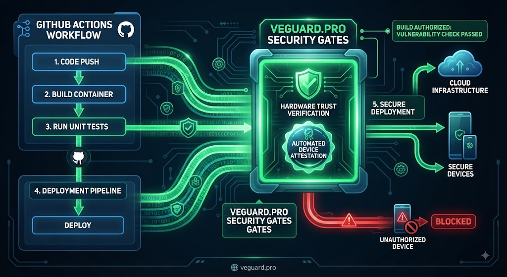 how veguard.pro integrates natively into github actions and CI/CD pipelines to block vulnerable or unauthorized device builds before deployment